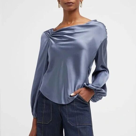 NWT! Cinq à Sept "Jordy" luxe Silk Cowl blouse Blue Shadow crossover strap Small - Picture 8 of 8